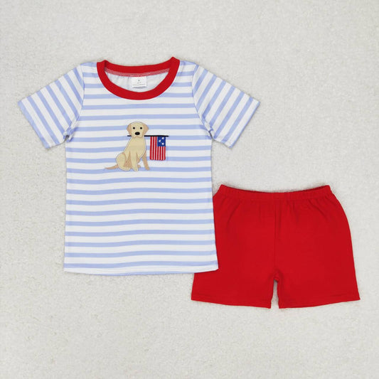 july of 4th dog flag embroidery fish print  boy Set
