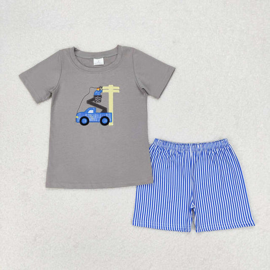 Grey embroidery Car print  boy Set