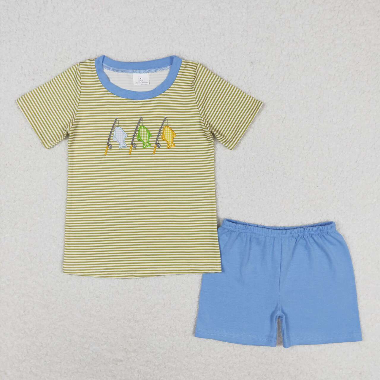 Yellow stripe embroidery Fish print Boy Set