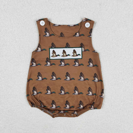 brown duck embroidered sleeveless Baby Romper