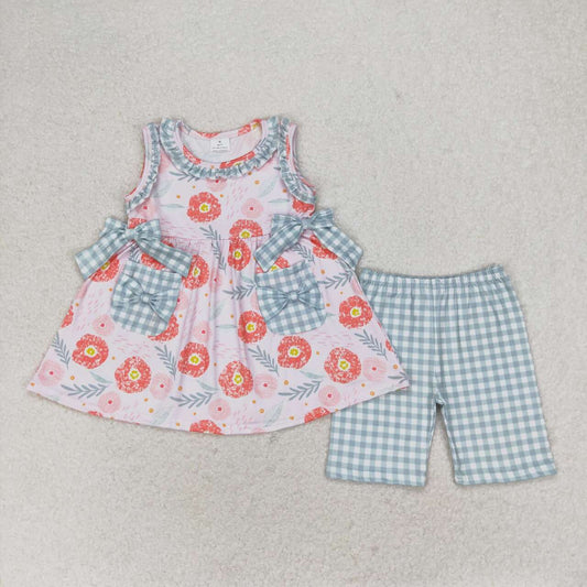 Pink floral green plaid sleeveless Girls Set