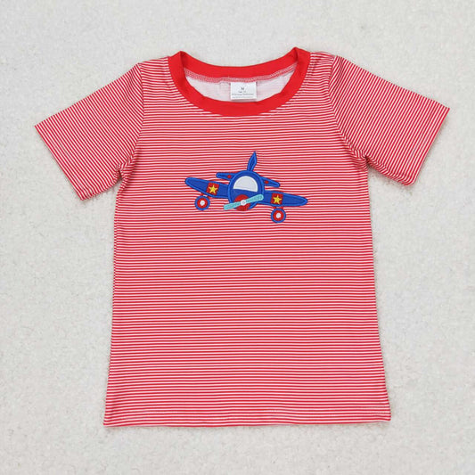 Red Embroidery airplane Short Shirt