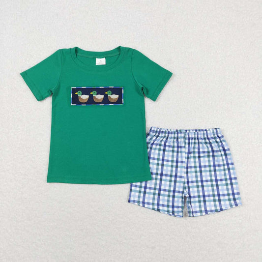 Green Duck embroidery plaid print Boy Set