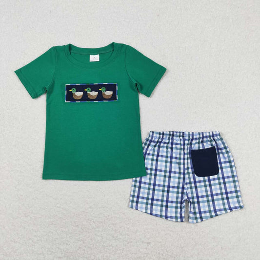 Green Duck embroidery plaid print Boy Set