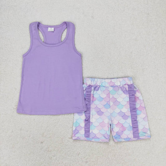 purple flower print short sleeve Girls Set