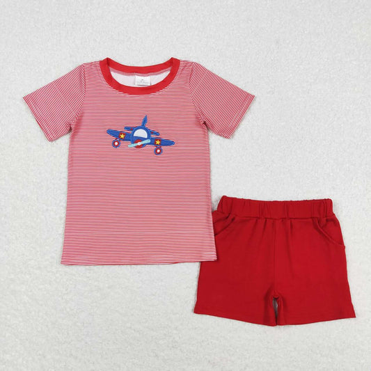 Red stripe embroidery airplane print Boy Set
