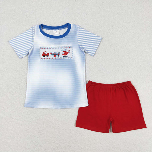 Blue stripe embroidery airplane print Boy Set
