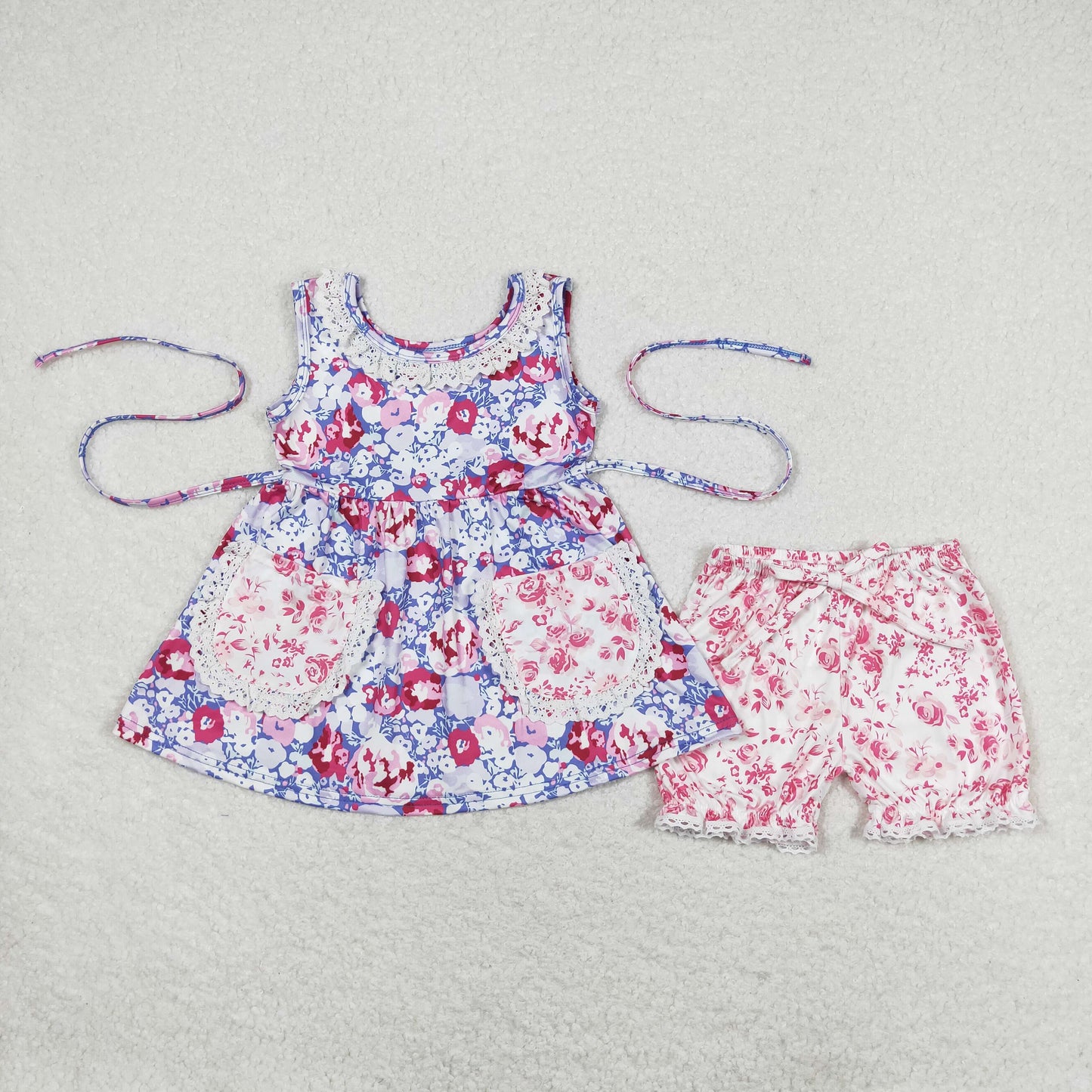 Pink floral lace sleeveless with pockets Girls Set