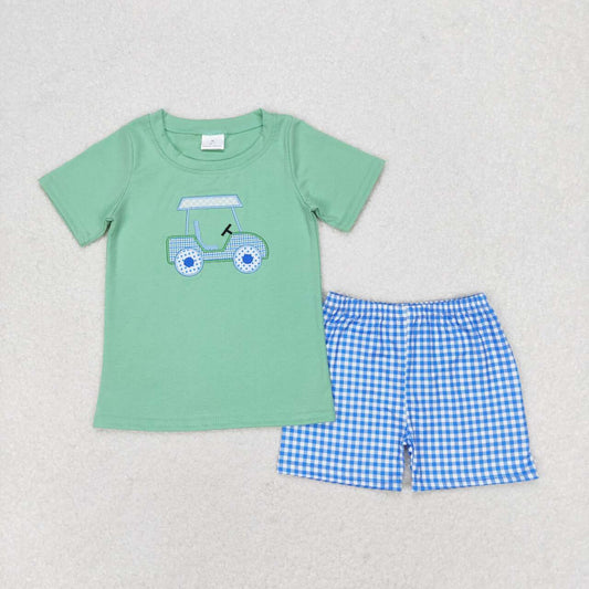 Green golf embroidery blue plaid boy set
