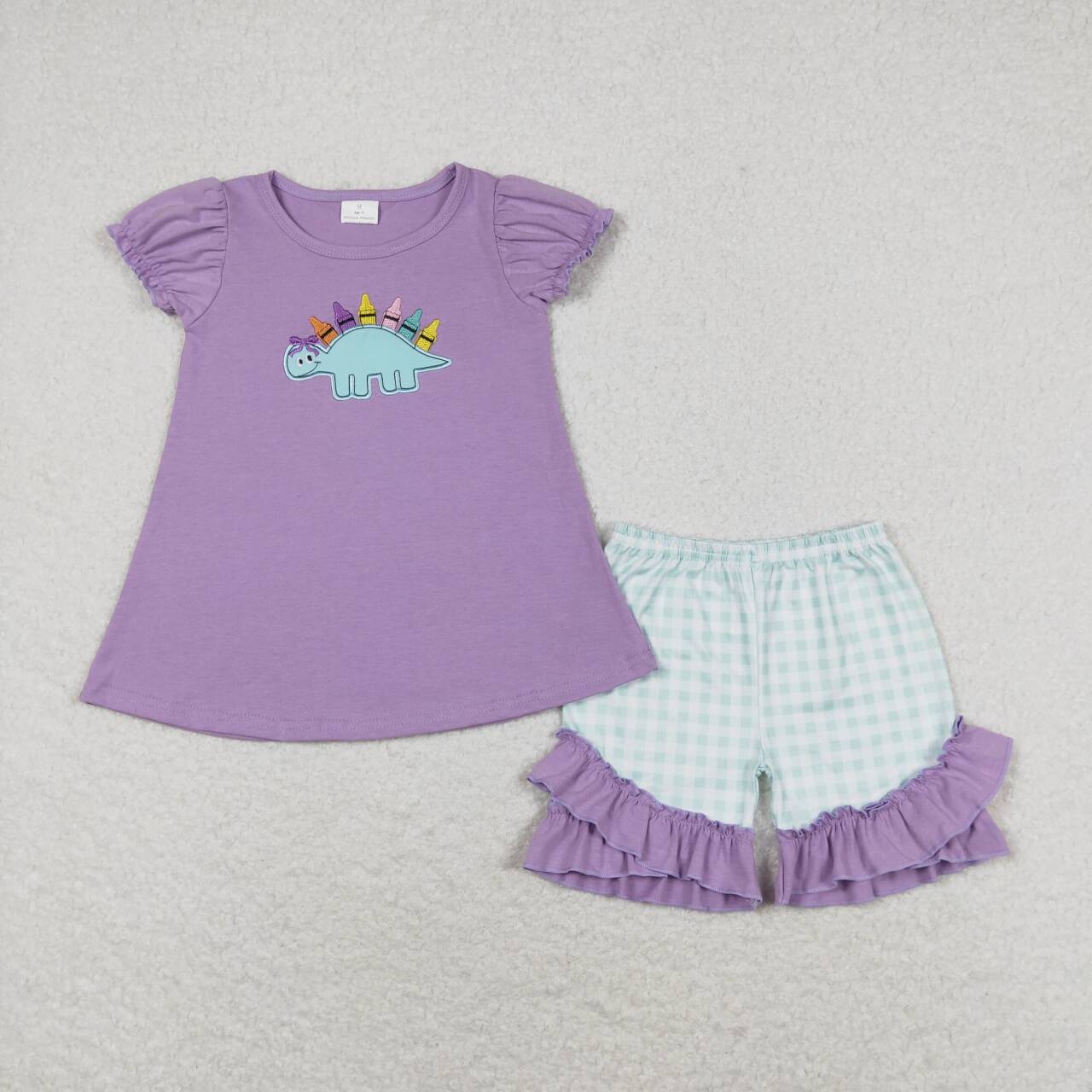 back to school Purple dinosaur pencil embroidery Shorts Girls Suit