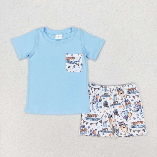 Blue Happy Brithday Cartoon dog print short sleeve boy set