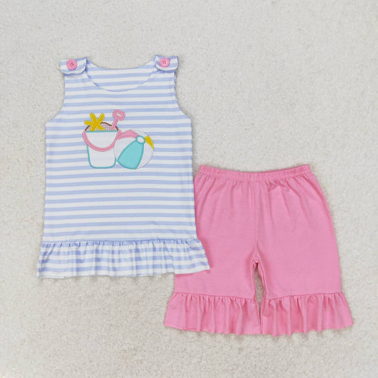 Stripe Embroidered Pink Shorts Girls Suit