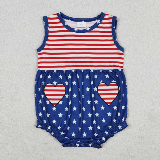 july of 4th red stripes blue stars with pockets sleeveless print Baby Romper