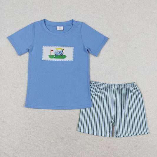 Blue golf embroidery blue stripe boy set