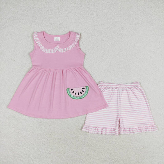 Pink watermelon embroidered sleeveless Shorts Girls Suit