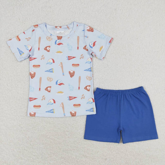 Blue baseball hat print short sleeve boy set