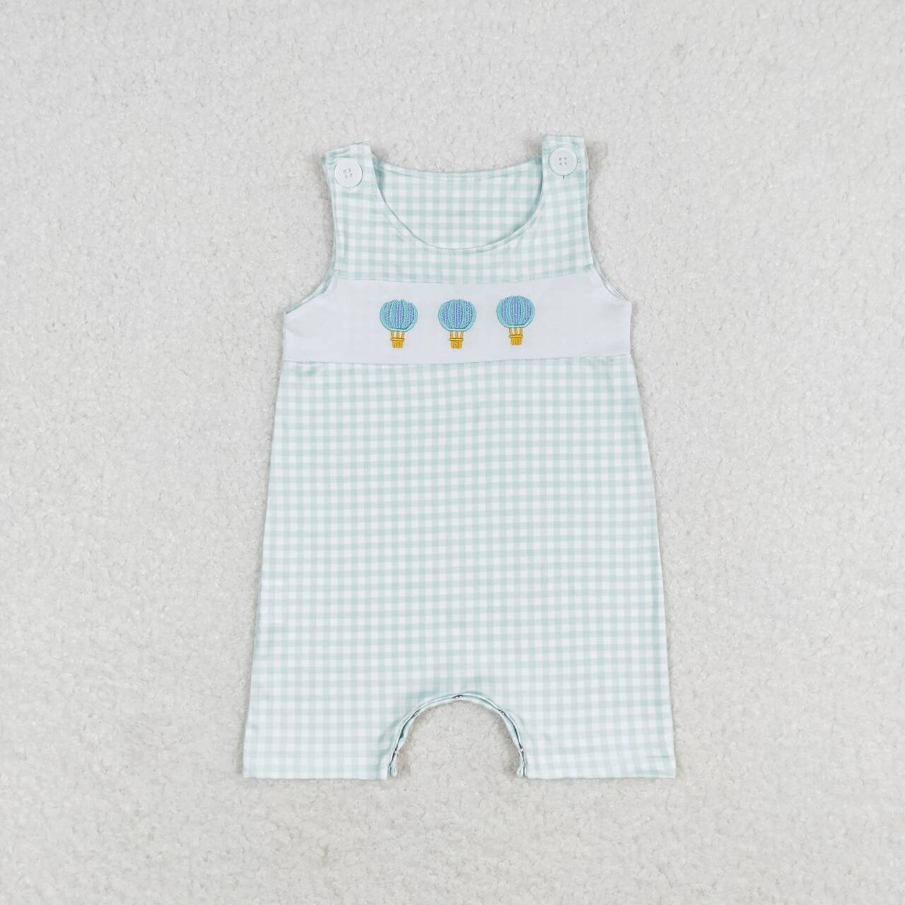 Embroidered hot airballoon blue plaid baby romper