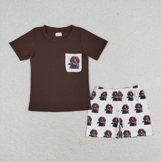 brown dog print short sleeve boy set
