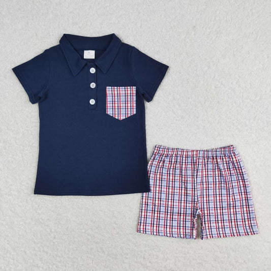 Navy Plaid print short sleeve boy set
