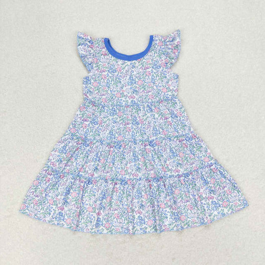 Blue flower tier print flutter sleeve Dress