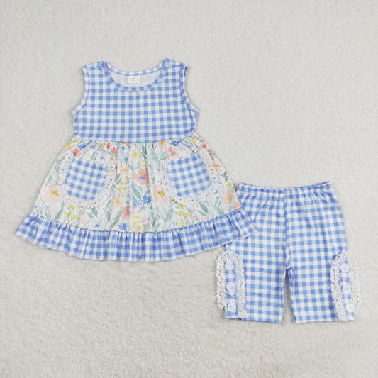 Blue Plaid Sleeveless Flower with pocket Girls Suit