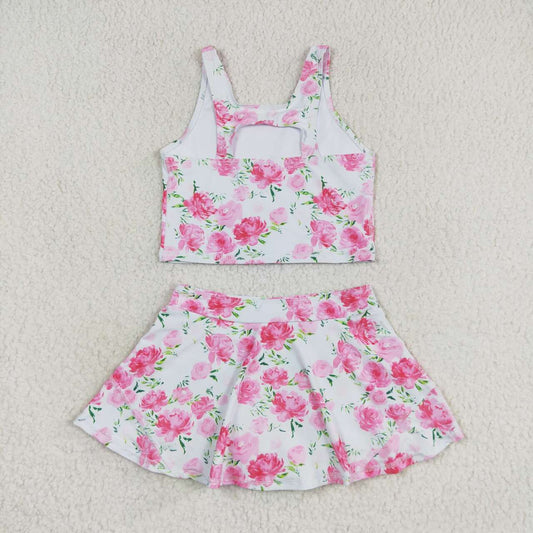 Pink flower print sleeve Swimsuit