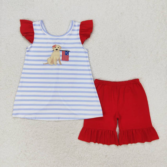 July of 4th striped flag dog embroidery Girls Suit