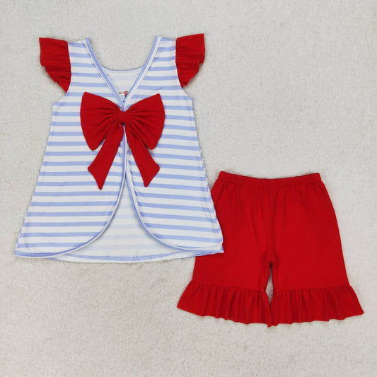 July of 4th striped flag dog embroidery Girls Suit