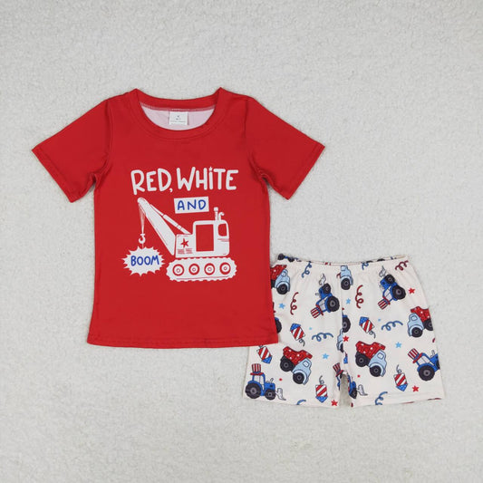 Red excavator print short sleeve boy set