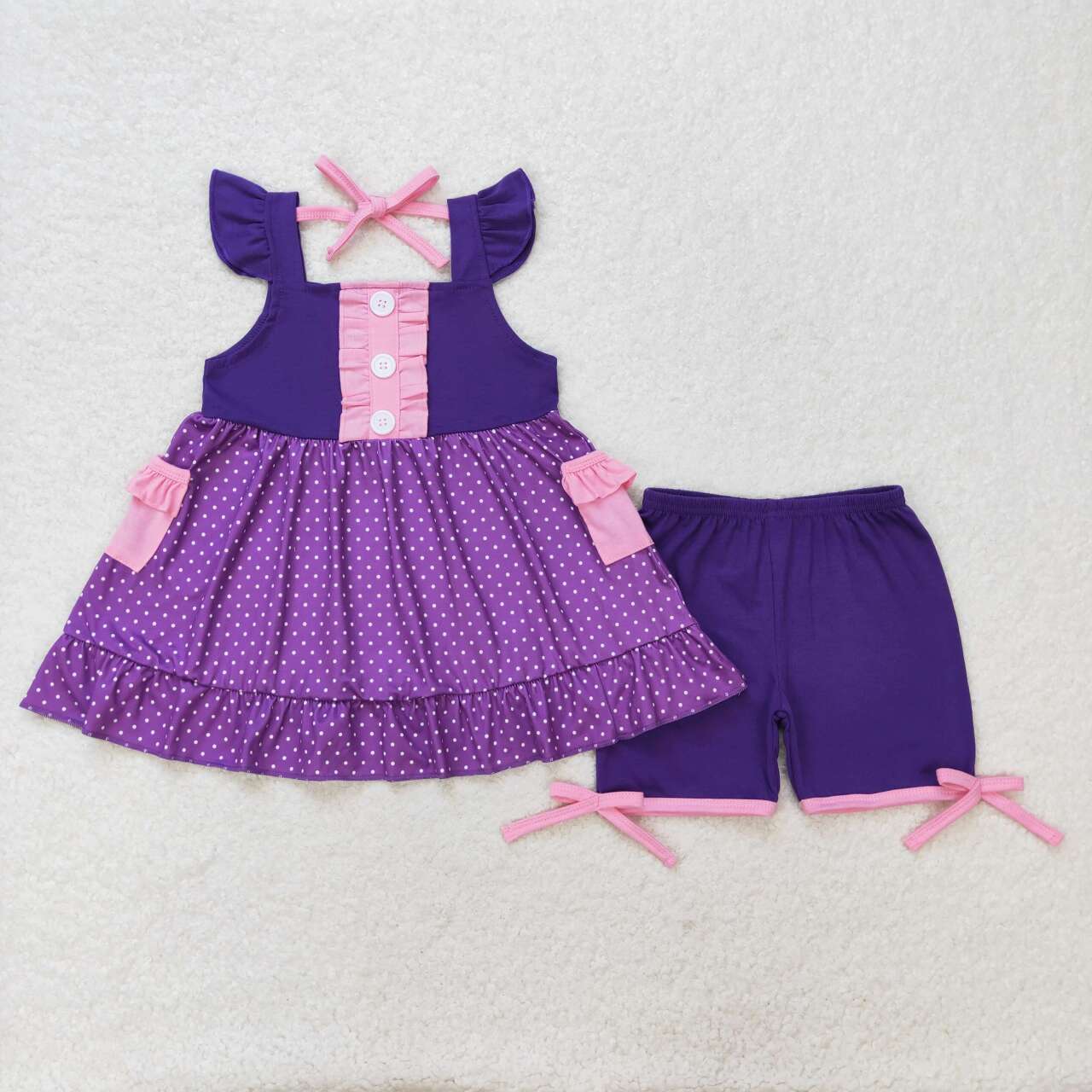 Purple Dots shorts print Girls Suit