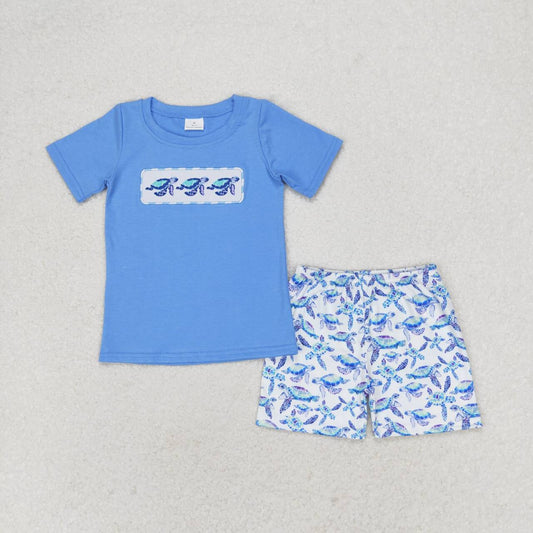 blue turtle embroidery Boy Set