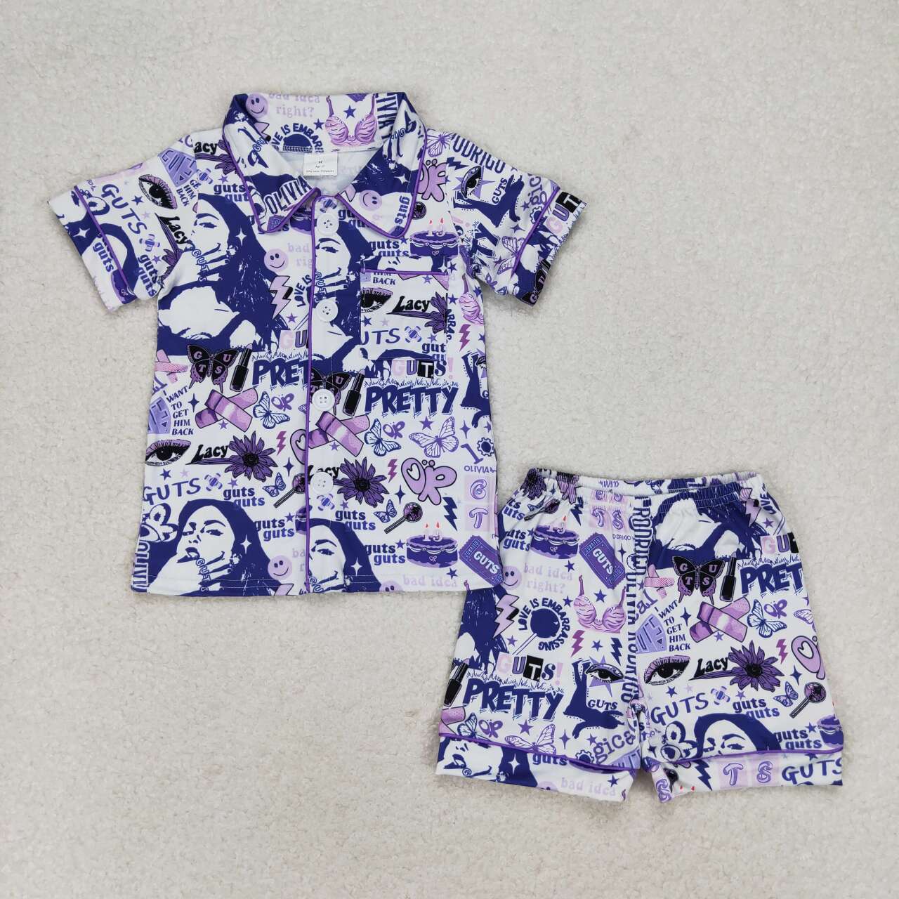 Blue With Button Short Sleeve Short Pajamas