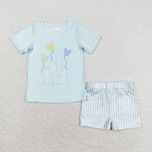 blue castle print short sleeve boy set