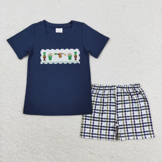 Navy Embroidered Duck Plaid Boy Set
