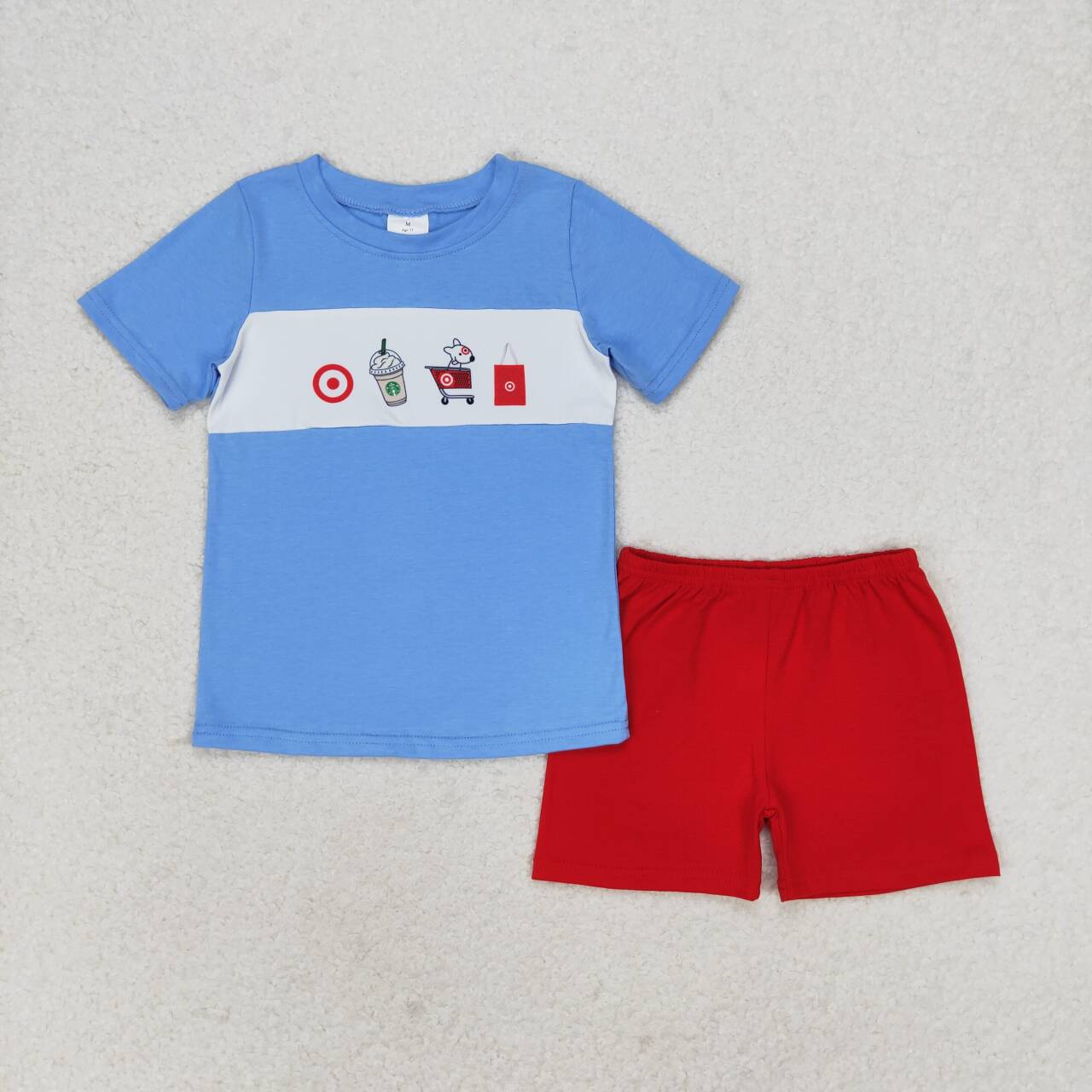 Blue print short sleeve Red Plaid boy set
