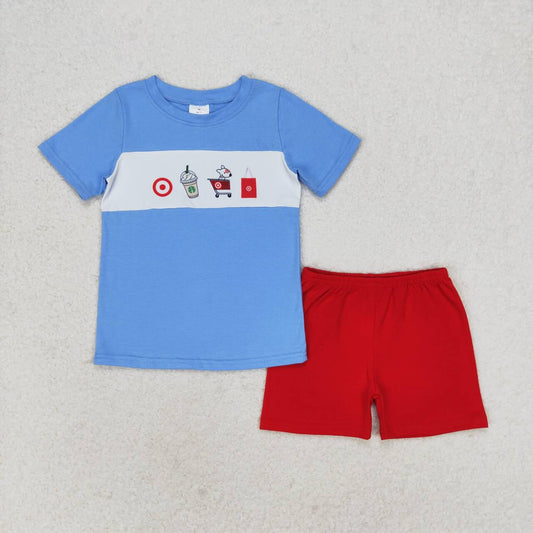 Blue print short sleeve Red Plaid boy set