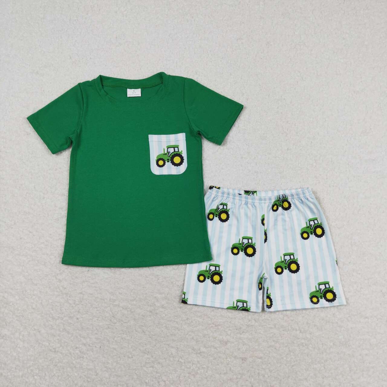 tractor print short sleeve Red Plaid boy set