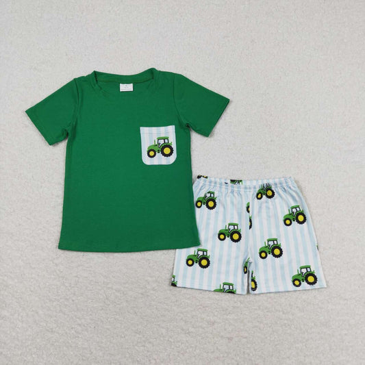 tractor print short sleeve Red Plaid boy set
