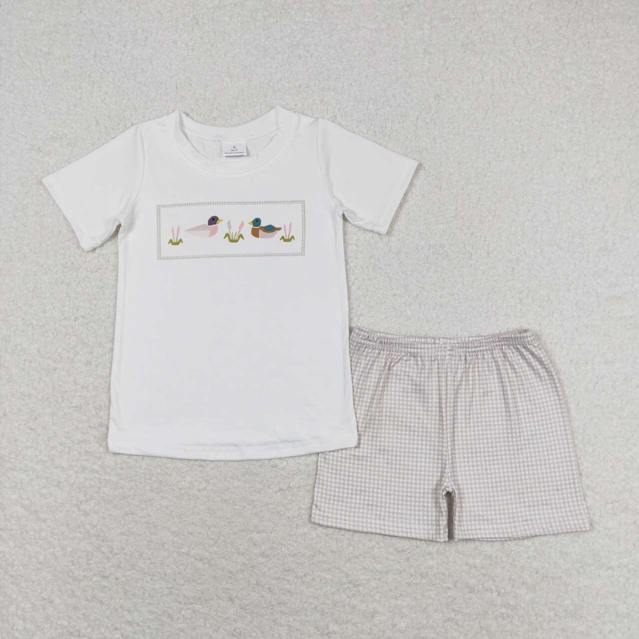 white Duck print short sleeve Red Plaid boy set