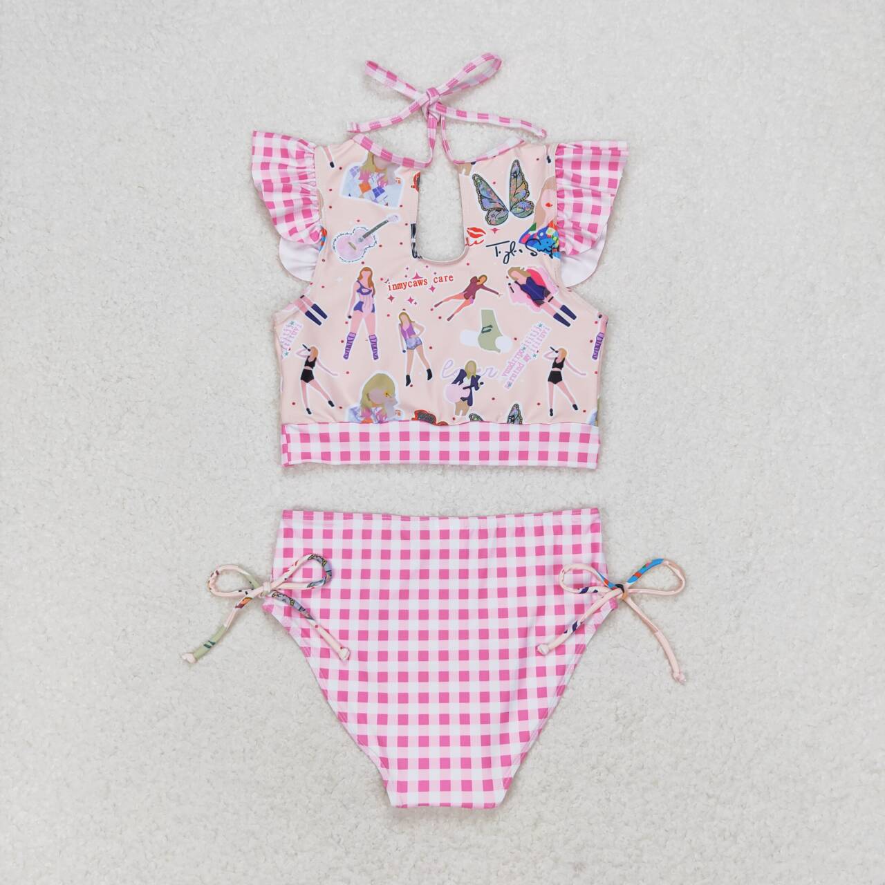 2pc Pink Plaid Cartoon print sleeve Swimsuit