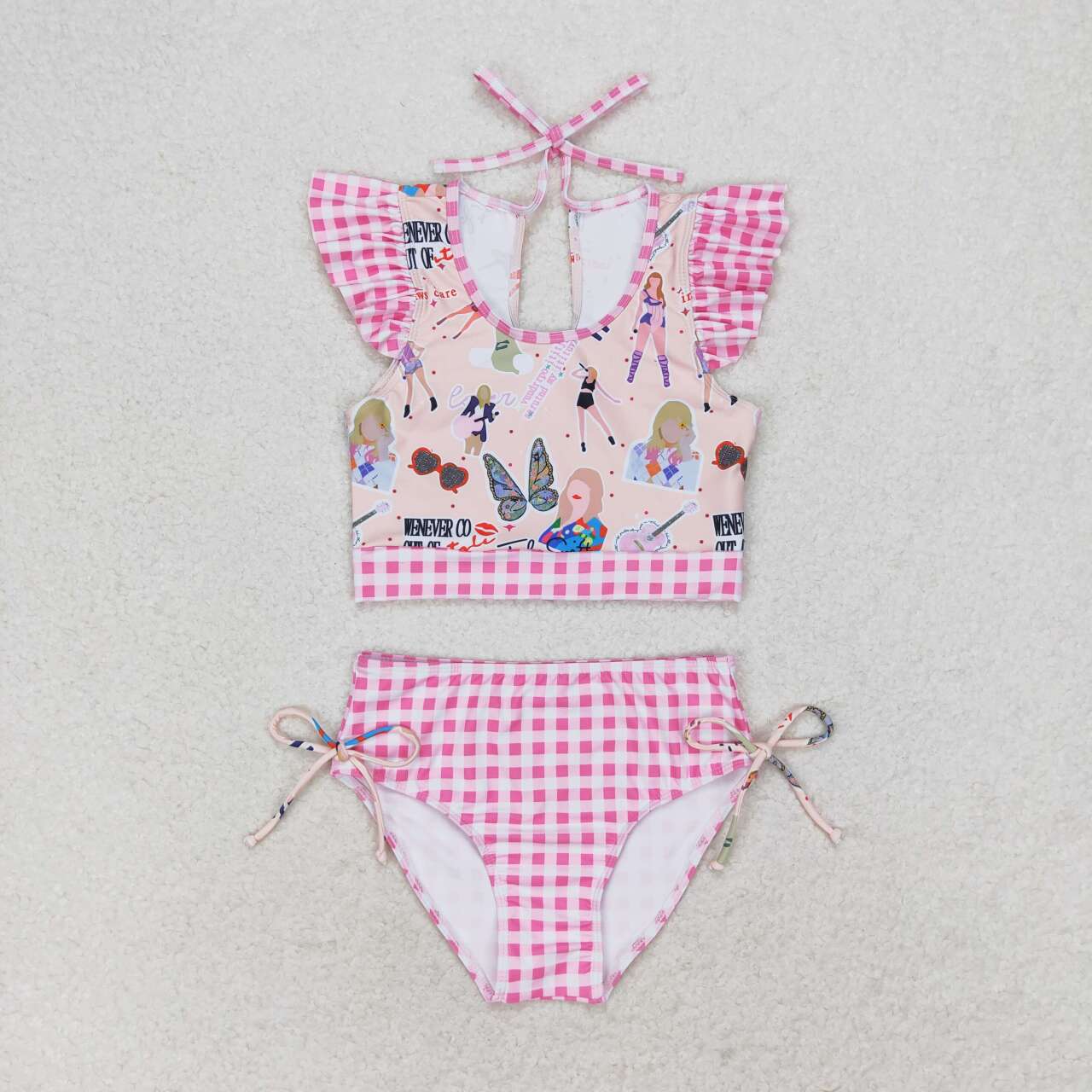 2pc Pink Plaid Cartoon print sleeve Swimsuit