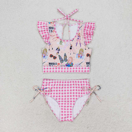 2pc Pink Plaid Cartoon print sleeve Swimsuit