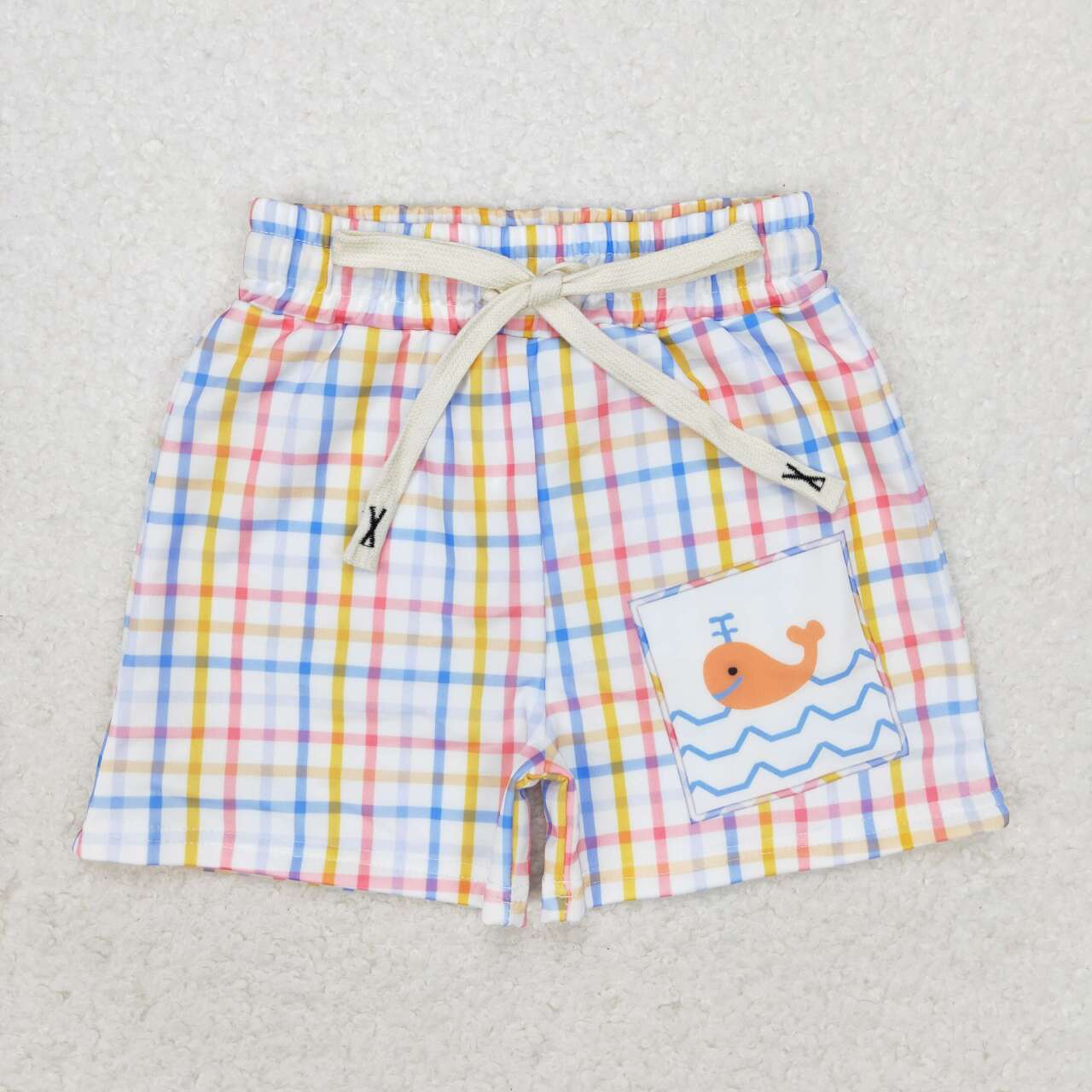 plaid whale swim trunks