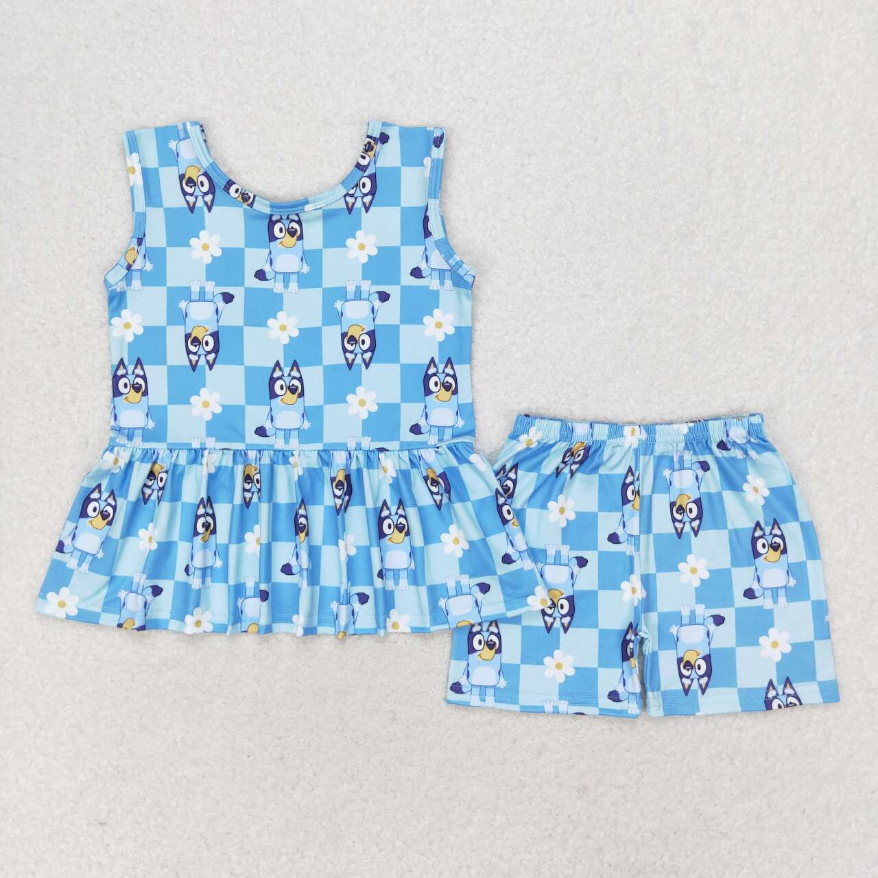 blue cartoon dog sleeveless Summer Girls Set