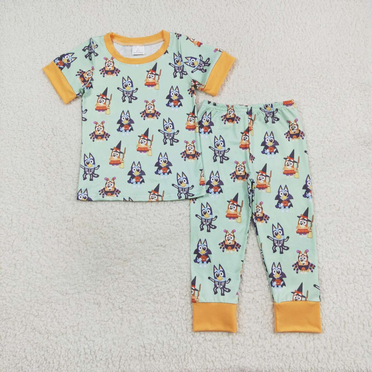 Green Cartoon dog print Short Sleeve Long Pants Pajamas