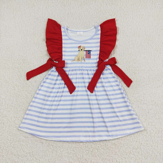 July of 4th blue Stripe dog embroidery print Girls Dress