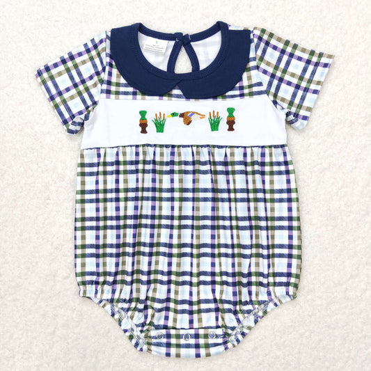 plaid duck embroidery print Baby Romper