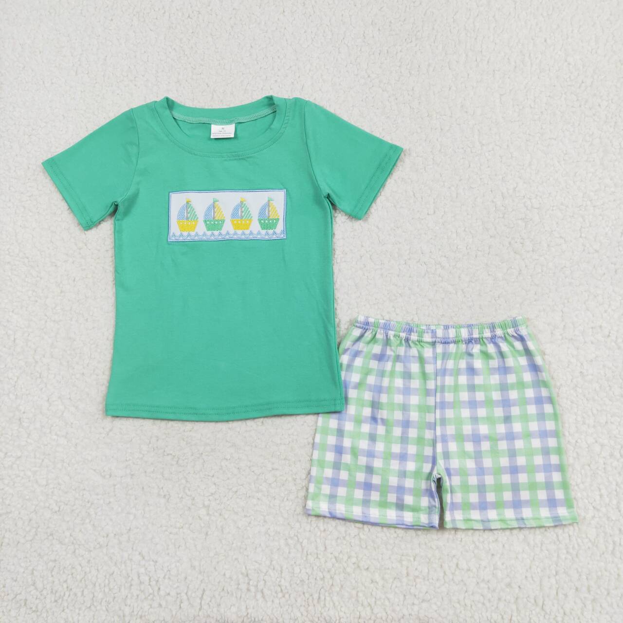 green sailboat embroidery plaid boy set