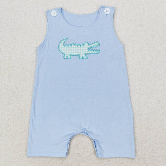 blue crocodile embroidered sleeveless print Baby Romper