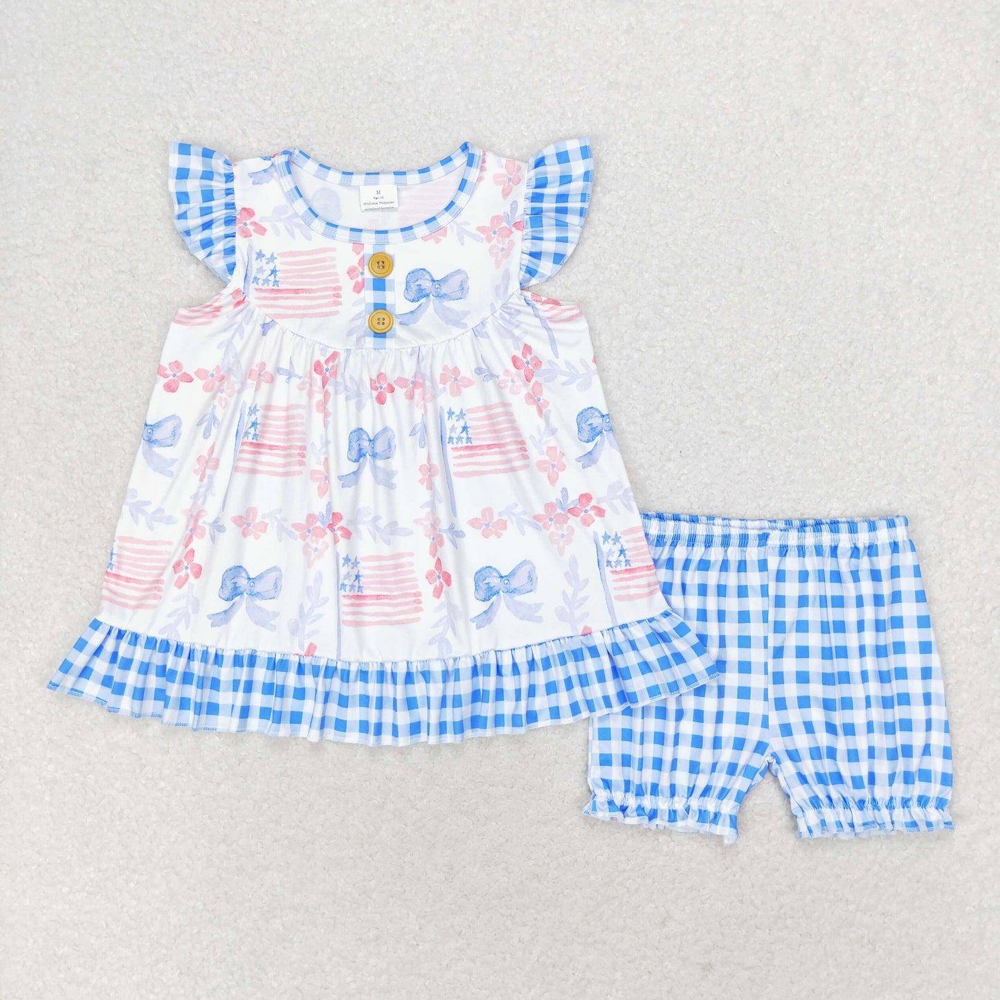 blue plaid bow print flutter Summer Girls Set